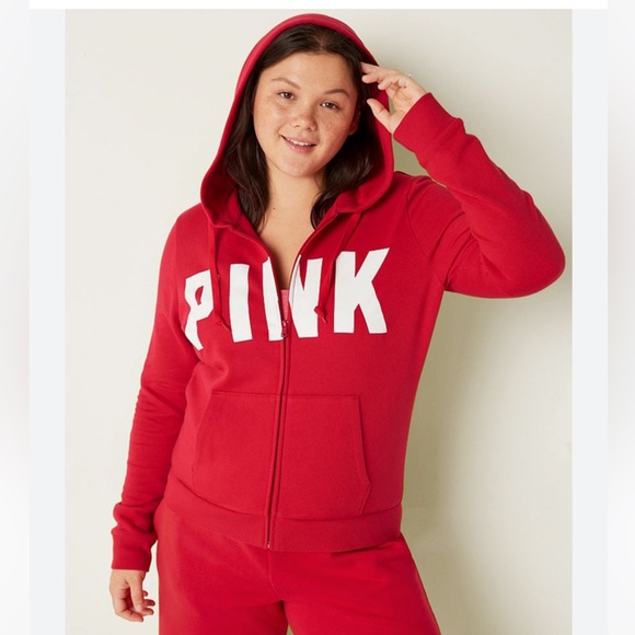 PINK Victoria's Secret Tops - PINK Victoria’s Secret Red Full Zip Hoodie sz Medium